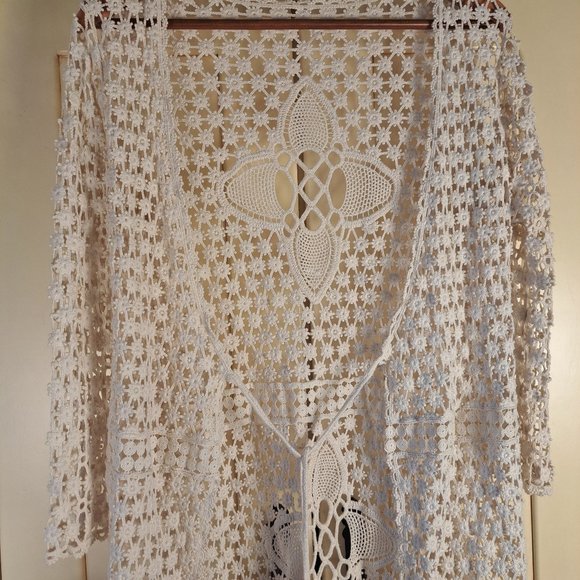 Women's Crochet Cardigan Cream Coverup Tunic Length Tie Front - Picture 5 of 10